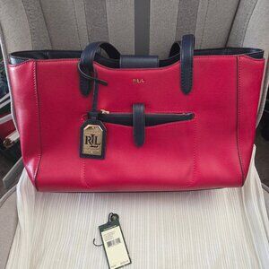 Lauren Ralph Lauren Davenport Shopper Red/Navy Shoulder Bag Tote Coin Purse